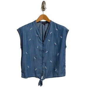 SAKS FIFTH AVENUE Embroidered Tie Waist Button-Down Top Blue Size Small